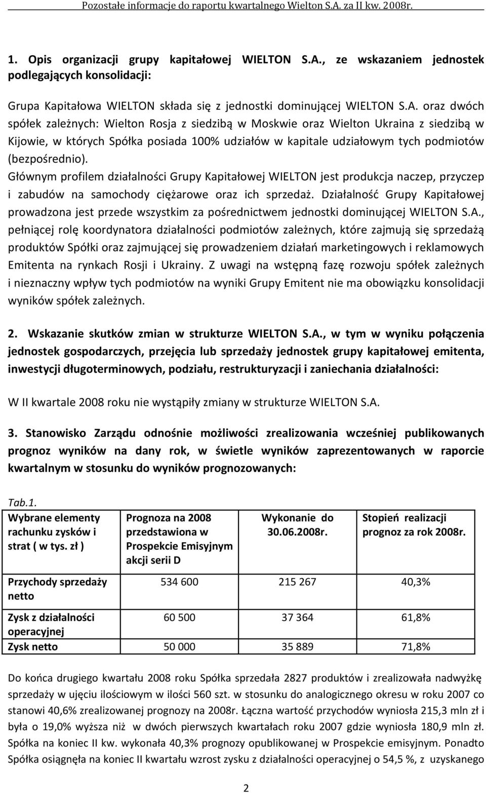 oraz dwóch spółek zależnych: Wielton Rosja z siedzibą w Moskwie oraz Wielton Ukraina z siedzibą w Kijowie, w których Spółka posiada 100% udziałów w kapitale udziałowym tych podmiotów (bezpośrednio).