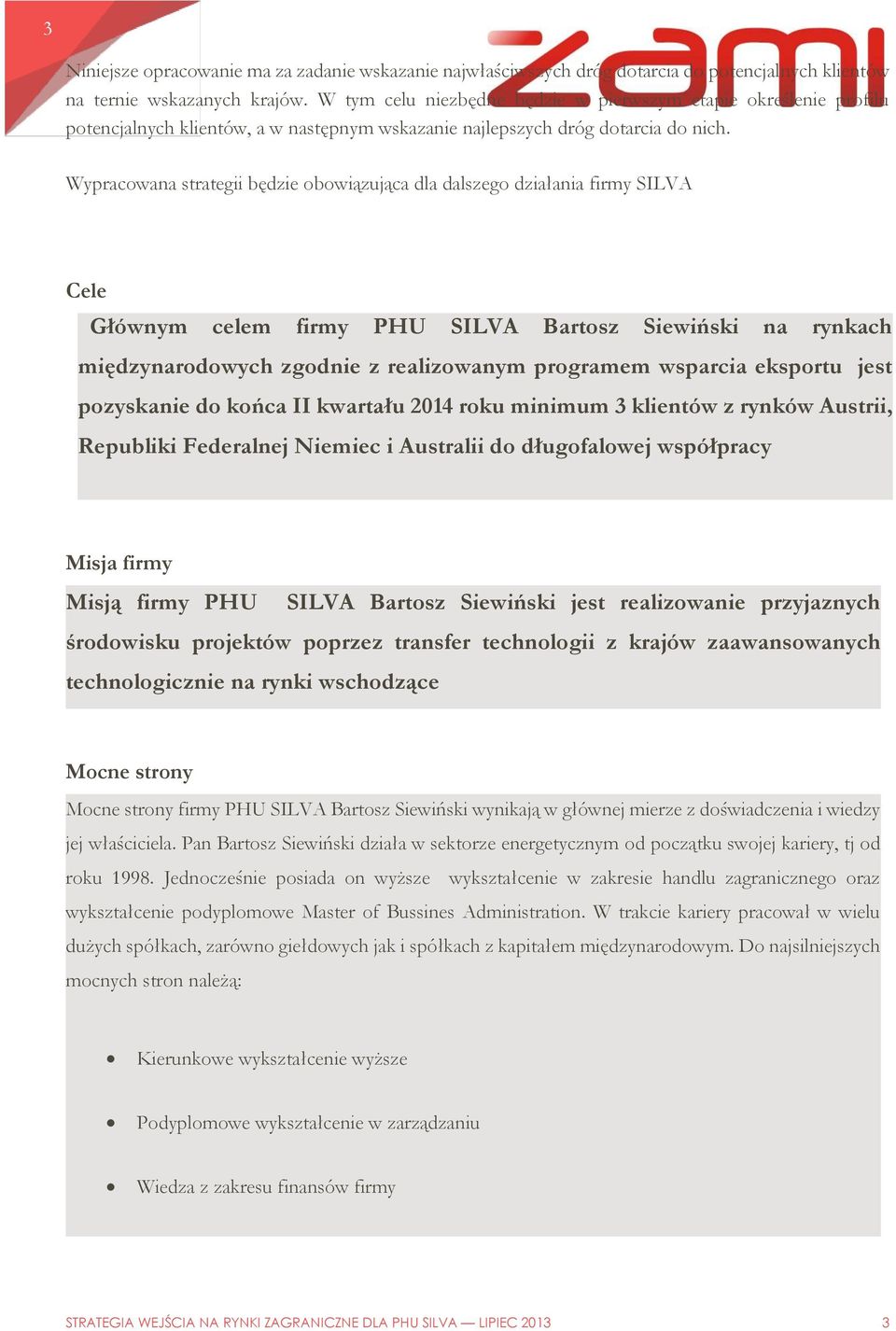 Wypracowana strategii będzie obowiązująca dla dalszego działania firmy SILVA Cele Głównym celem firmy PHU SILVA Bartosz Siewiński na rynkach międzynarodowych zgodnie z realizowanym programem wsparcia