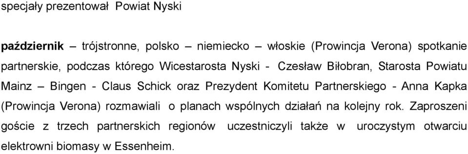 Prezydent Komitetu Partnerskiego - Anna Kapka (Prowincja Verona) rozmawiali o planach wspólnych działań na kolejny rok.