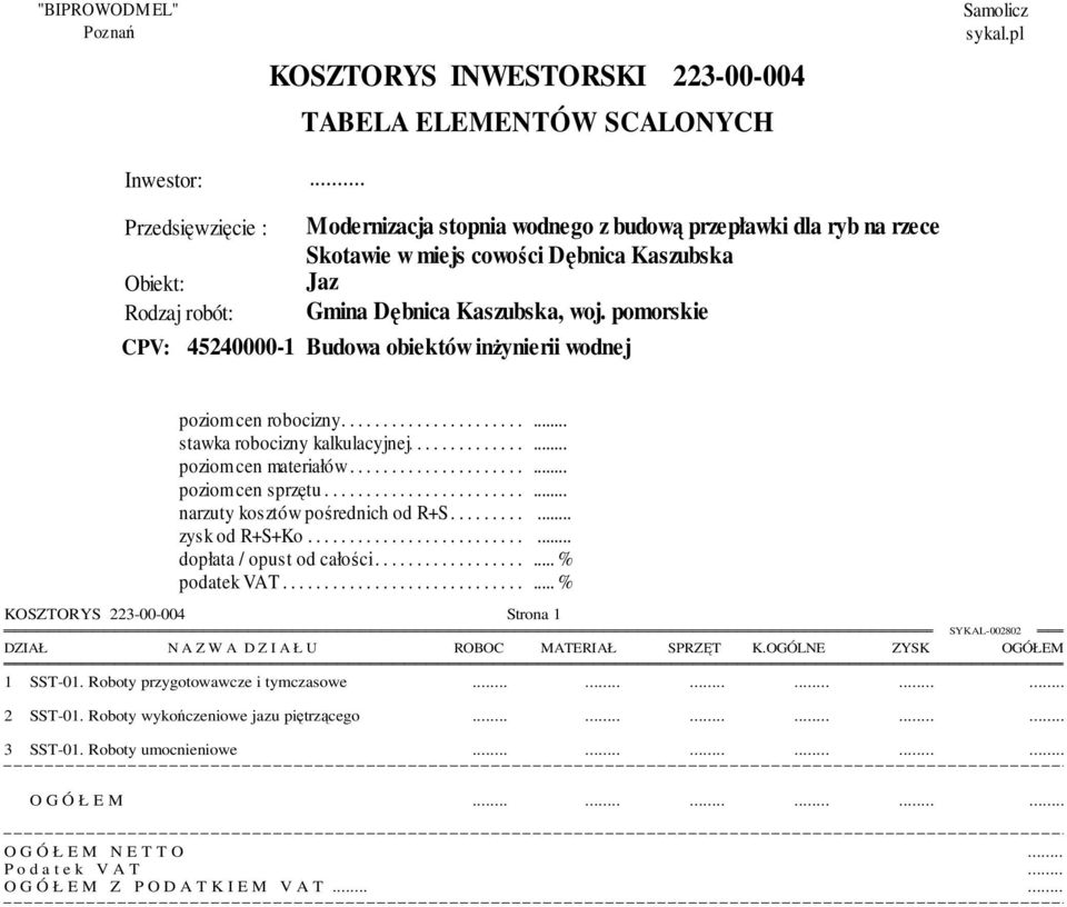 pomorskie CPV: 45240000-1 Budowa obiektów inżynierii wodnej poziom...... cen.... robocizny.............................. stawka...... robocizny......... kalkulacyjnej......................... poziom...... cen.... materiałów.