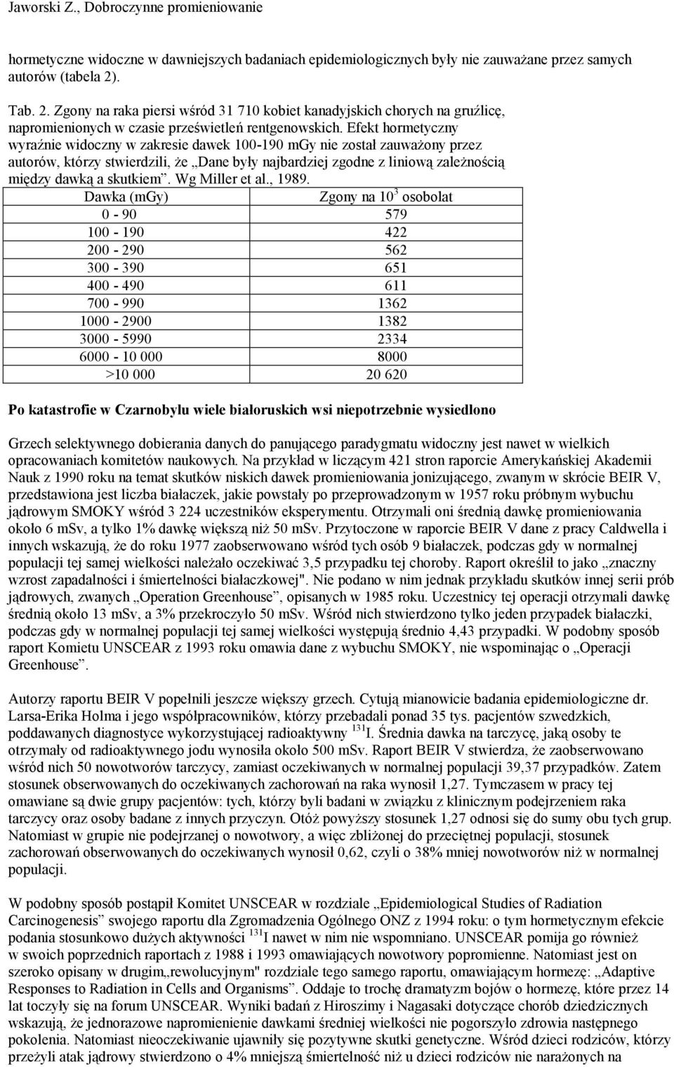 Efekt hormetyczny wyraźnie widoczny w zakresie dawek 100-190 mgy nie został zauważony przez autorów, którzy stwierdzili, że Dane były najbardziej zgodne z liniową zależnością między dawką a skutkiem.