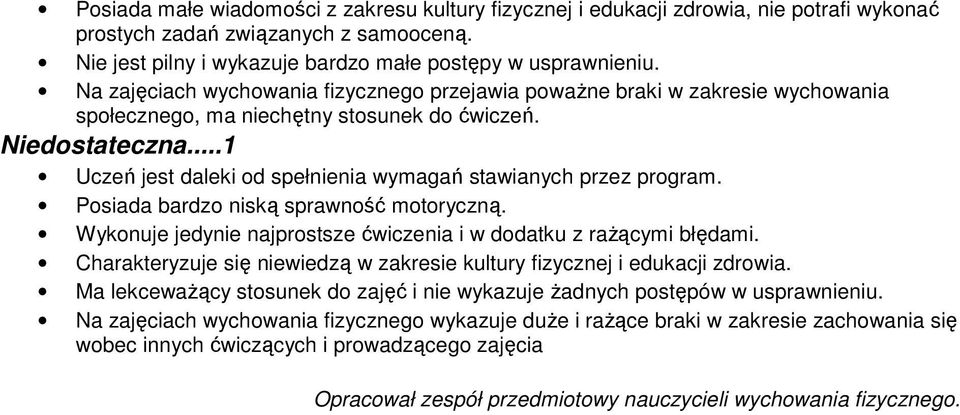 ..1 Uczeń jest daleki od spełnienia wymagań stawianych przez program. Posiada bardzo niską sprawność motoryczną. Wykonuje jedynie najprostsze ćwiczenia i w dodatku z rażącymi błędami.