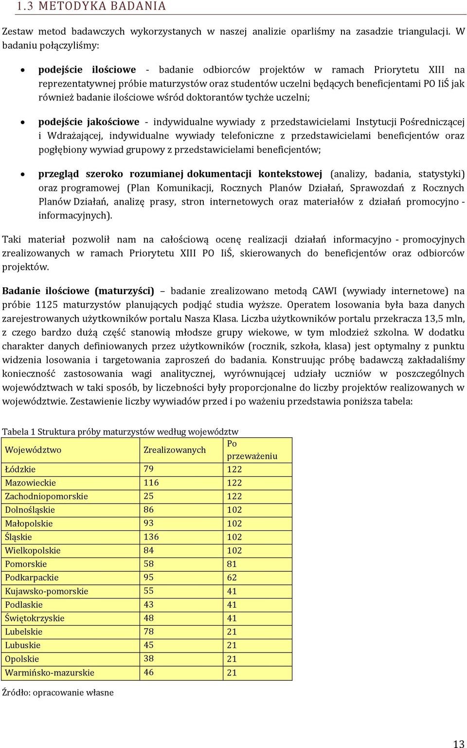 również badanie ilościowe wśród doktorantów tychże uczelni; podejście jakościowe - indywidualne wywiady z przedstawicielami Instytucji Pośredniczącej i Wdrażającej, indywidualne wywiady telefoniczne