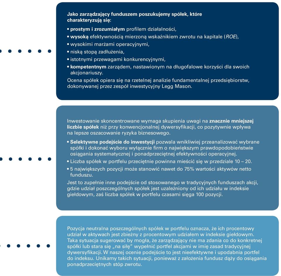 Ocena spółek opiera się na rzetelnej analizie fundamentalnej przedsiębiorstw, dokonywanej przez zespół inwestycyjny Legg Mason.