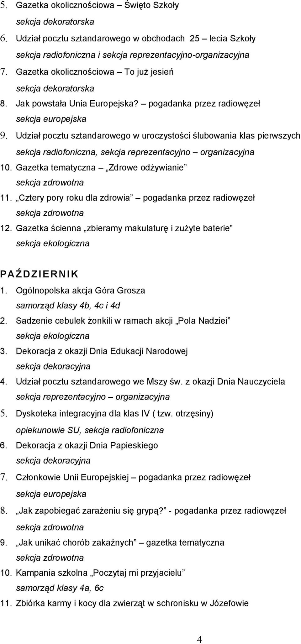 Udział pocztu sztandarowego w uroczystości ślubowania klas pierwszych sekcja radiofoniczna, sekcja reprezentacyjno organizacyjna 10. Gazetka tematyczna Zdrowe odżywianie 11.