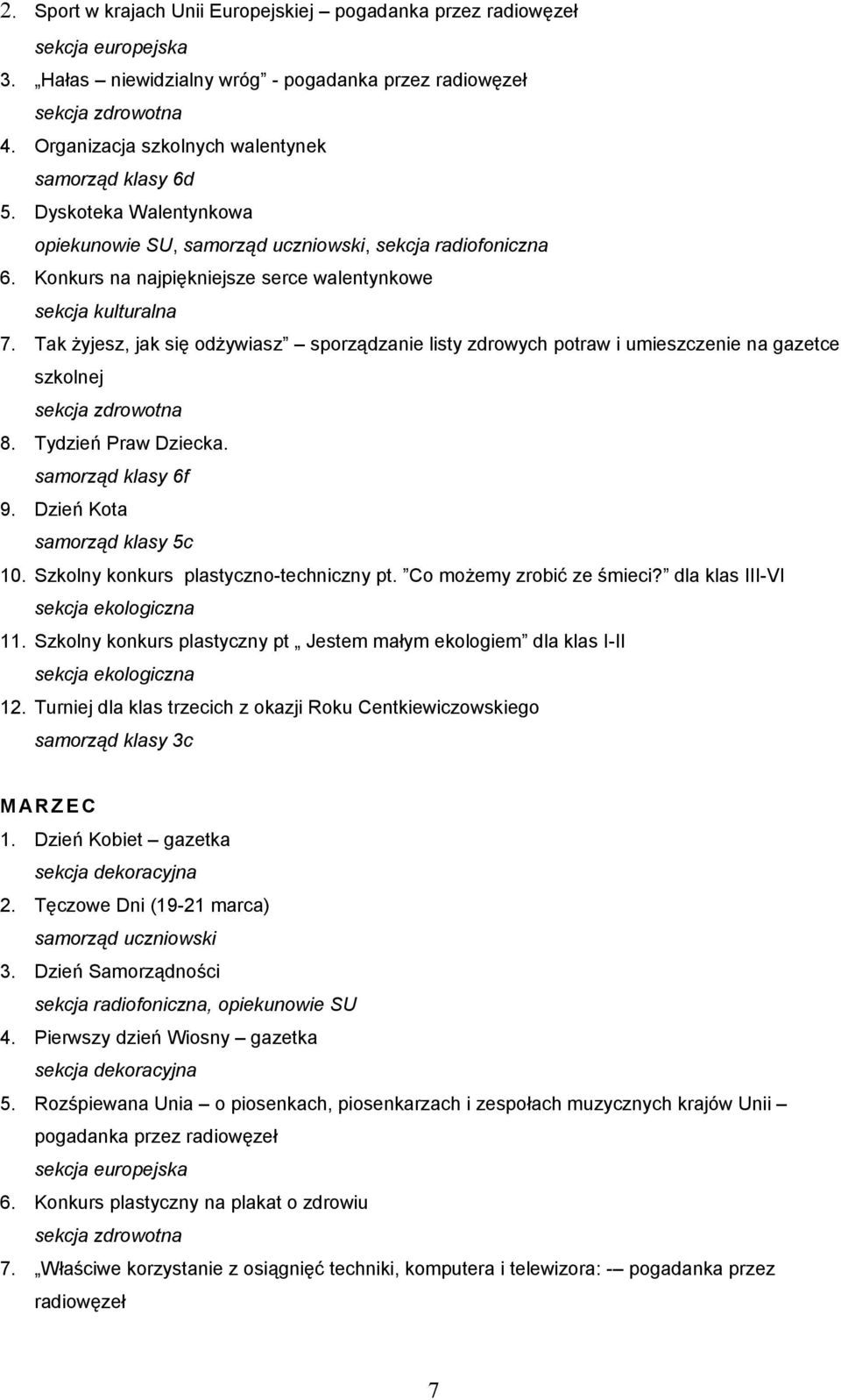 Tak żyjesz, jak się odżywiasz sporządzanie listy zdrowych potraw i umieszczenie na gazetce szkolnej 8. Tydzień Praw Dziecka. samorząd klasy 6f 9. Dzień Kota samorząd klasy 5c 10.