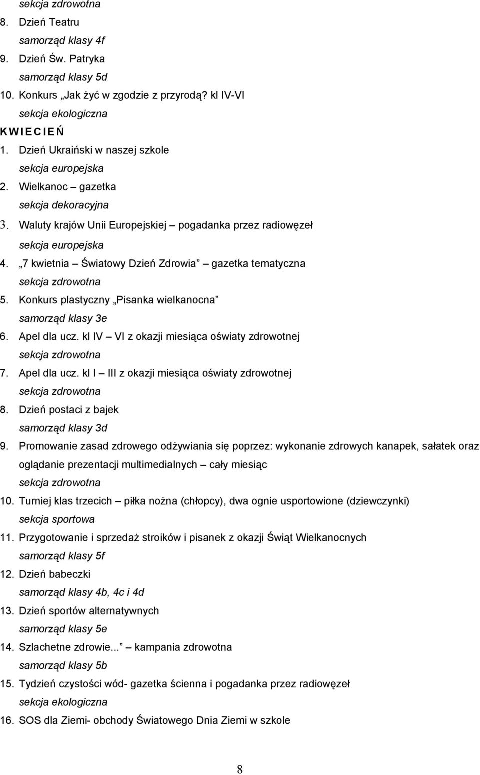 kl IV VI z okazji miesiąca oświaty zdrowotnej 7. Apel dla ucz. kl I III z okazji miesiąca oświaty zdrowotnej 8. Dzień postaci z bajek samorząd klasy 3d 9.