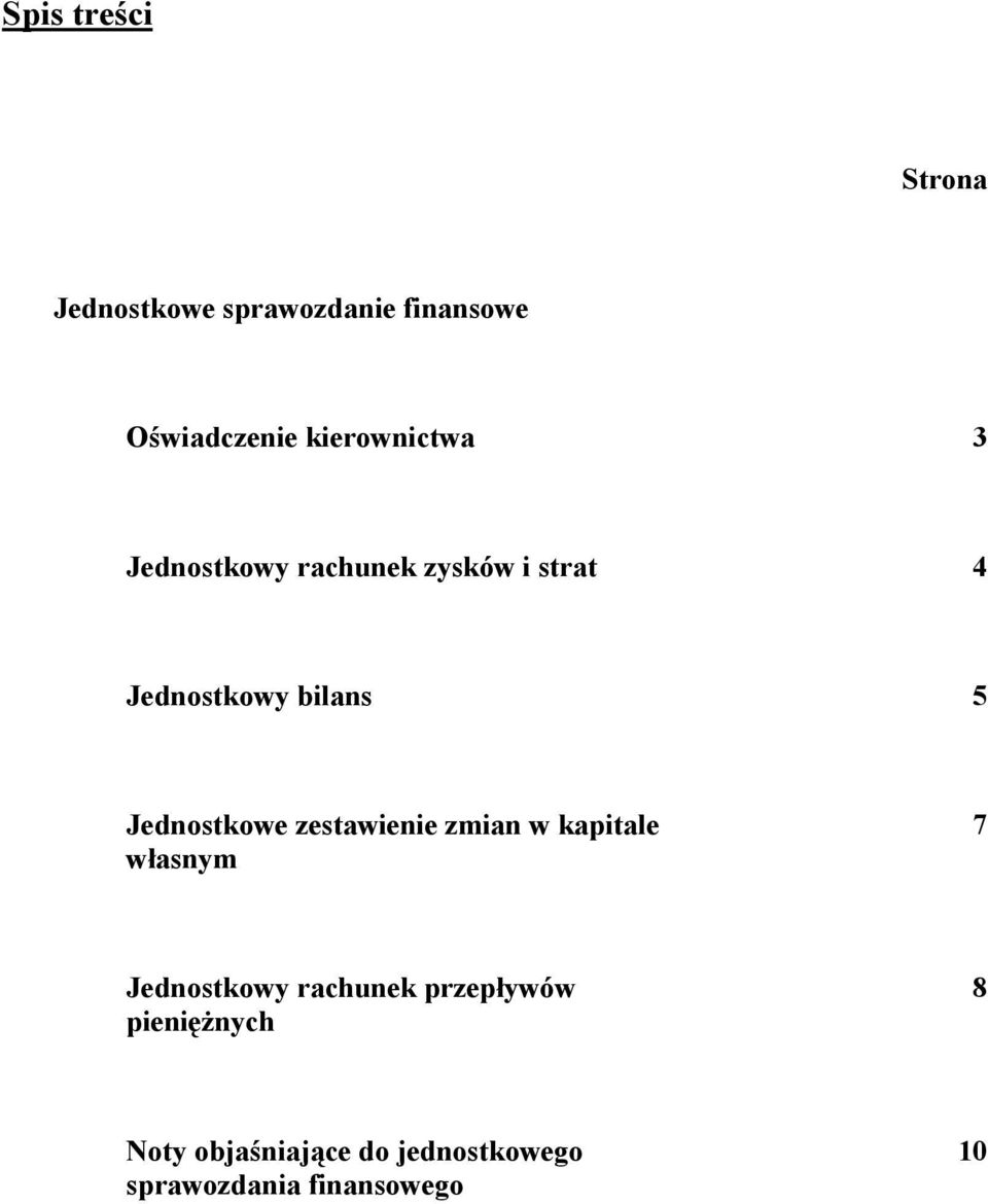 Jednostkowe zestawienie zmian w kapitale własnym 7 Jednostkowy rachunek