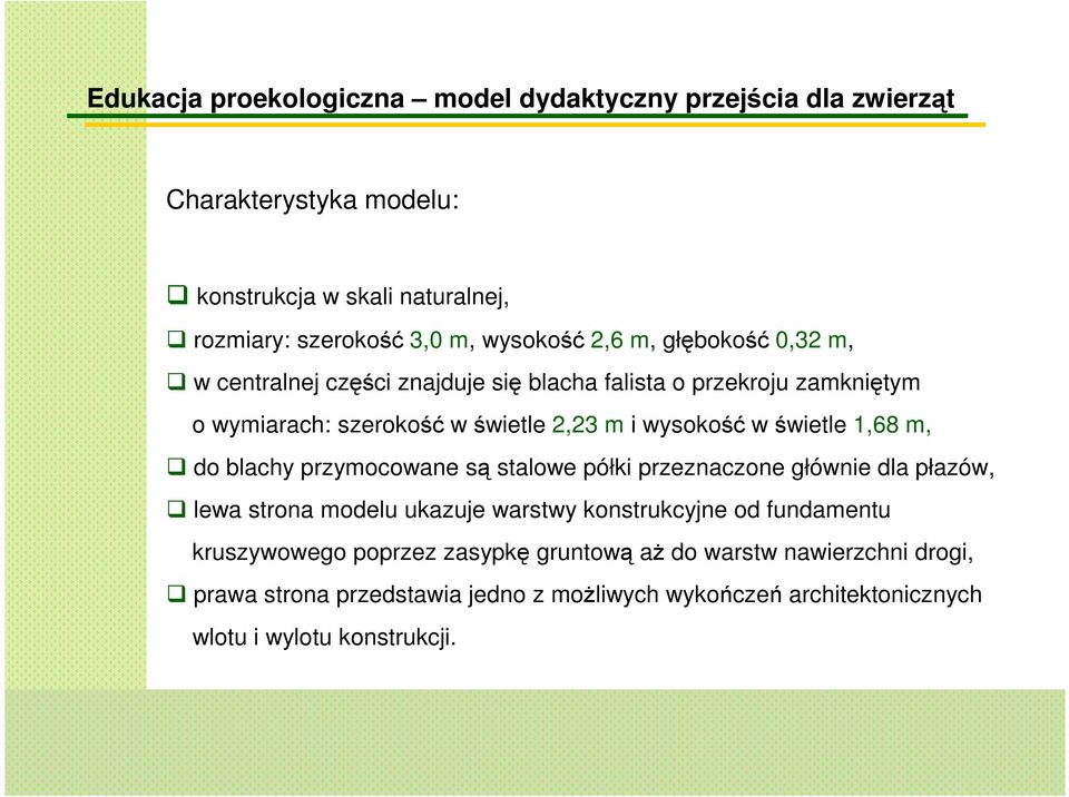 1,68 m, do blachy przymocowane są stalowe półki przeznaczone głównie dla płazów, lewa strona modelu ukazuje warstwy konstrukcyjne od fundamentu kruszywowego