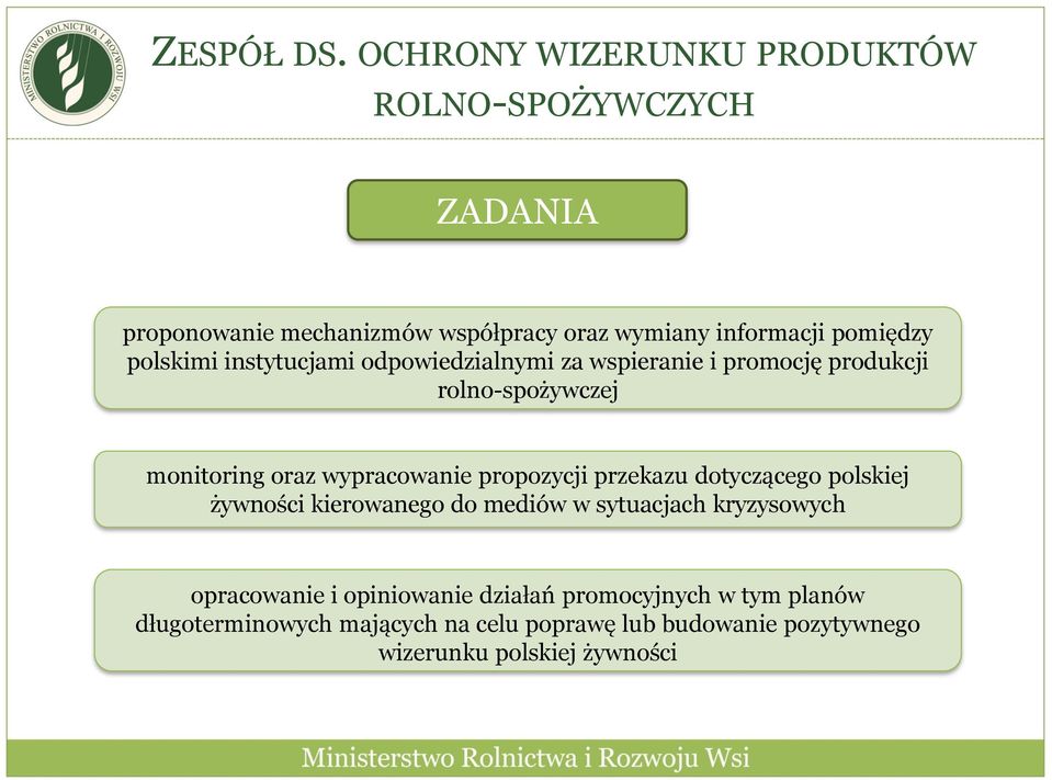 polskimi instytucjami odpowiedzialnymi za wspieranie i promocję produkcji rolno-spożywczej monitoring oraz wypracowanie