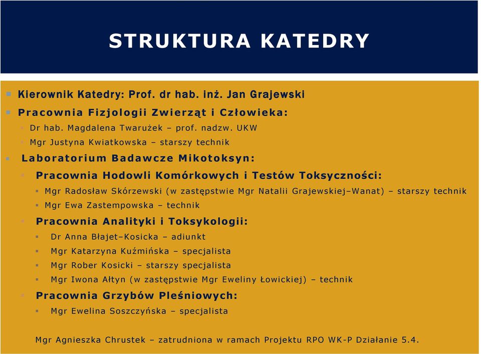 Grajewskiej Wanat) starszy technik Mgr Ewa Zastempowska technik Pracownia Analityki i Toksykologii: Dr Anna Błajet Kosicka adiunkt Mgr Katarzyna Kuźmińska specjalista Mgr Rober Kosicki