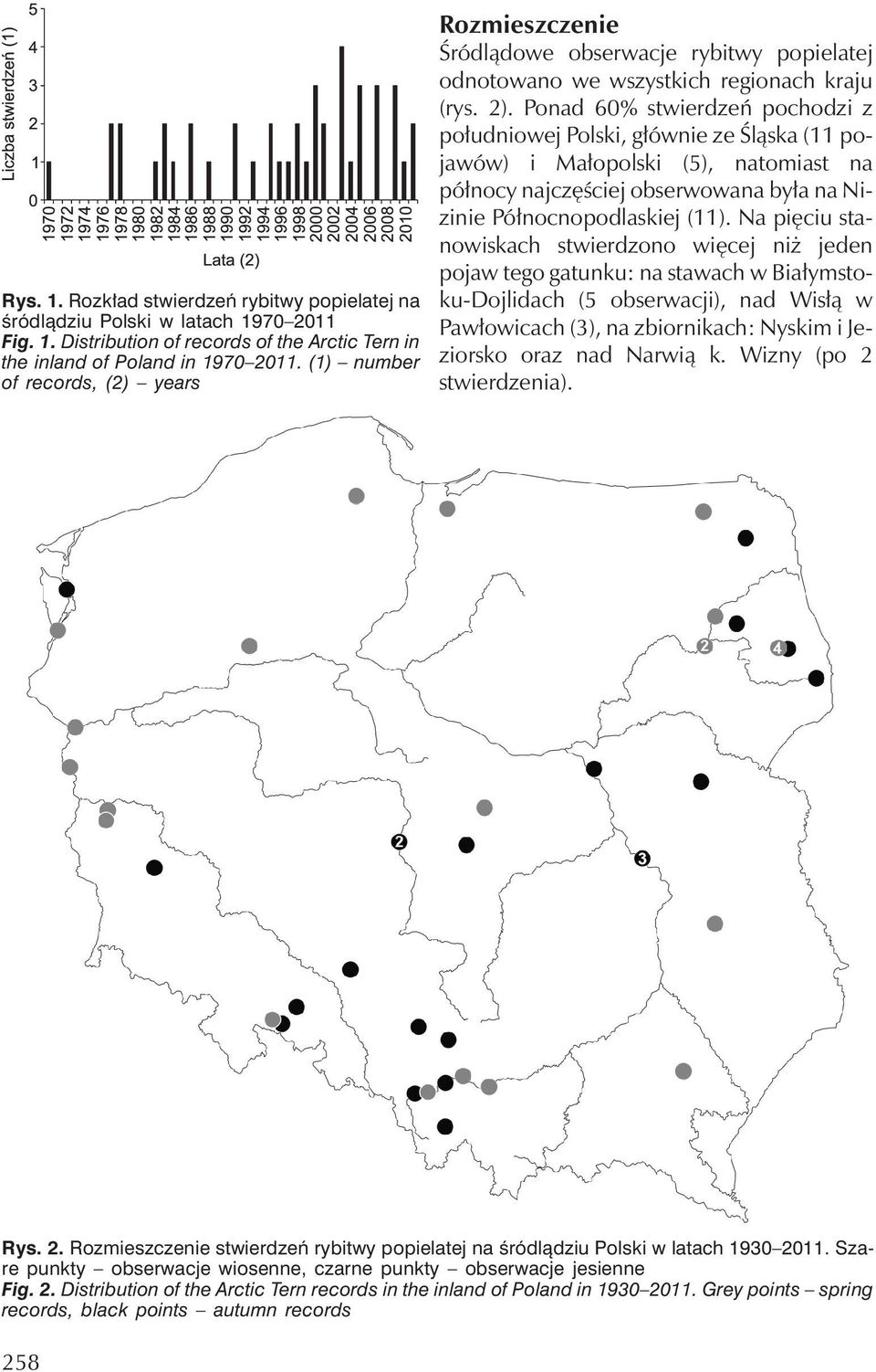 Ponad 60% stwierdzeń pochodzi z południowej Polski, głównie ze Śląska (11 pojawów) i Małopolski (5), natomiast na północy najczęściej obserwowana była na NiziniePółnocnopodlaskiej (11).