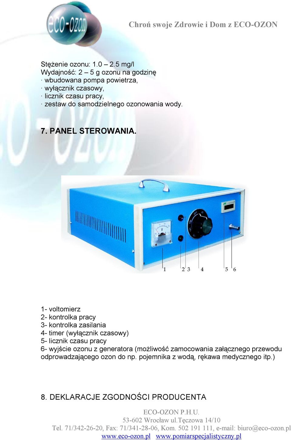 samodzielnego ozonowania wody. 7. PANEL STEROWANIA.
