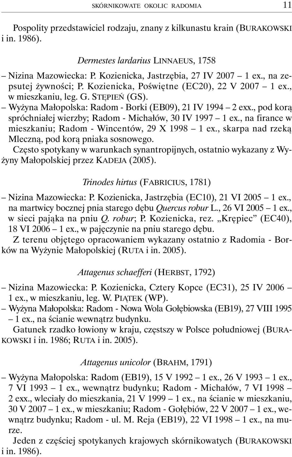 Wyżyna Małopolska: Radom - Borki (EB09), 21 IV 1994 2 exx., pod korą spróchniałej wierzby; Radom - Michałów, 30 IV 1997 1 ex., na firance w mieszkaniu; Radom - Wincentów, 29 X 1998 1 ex.