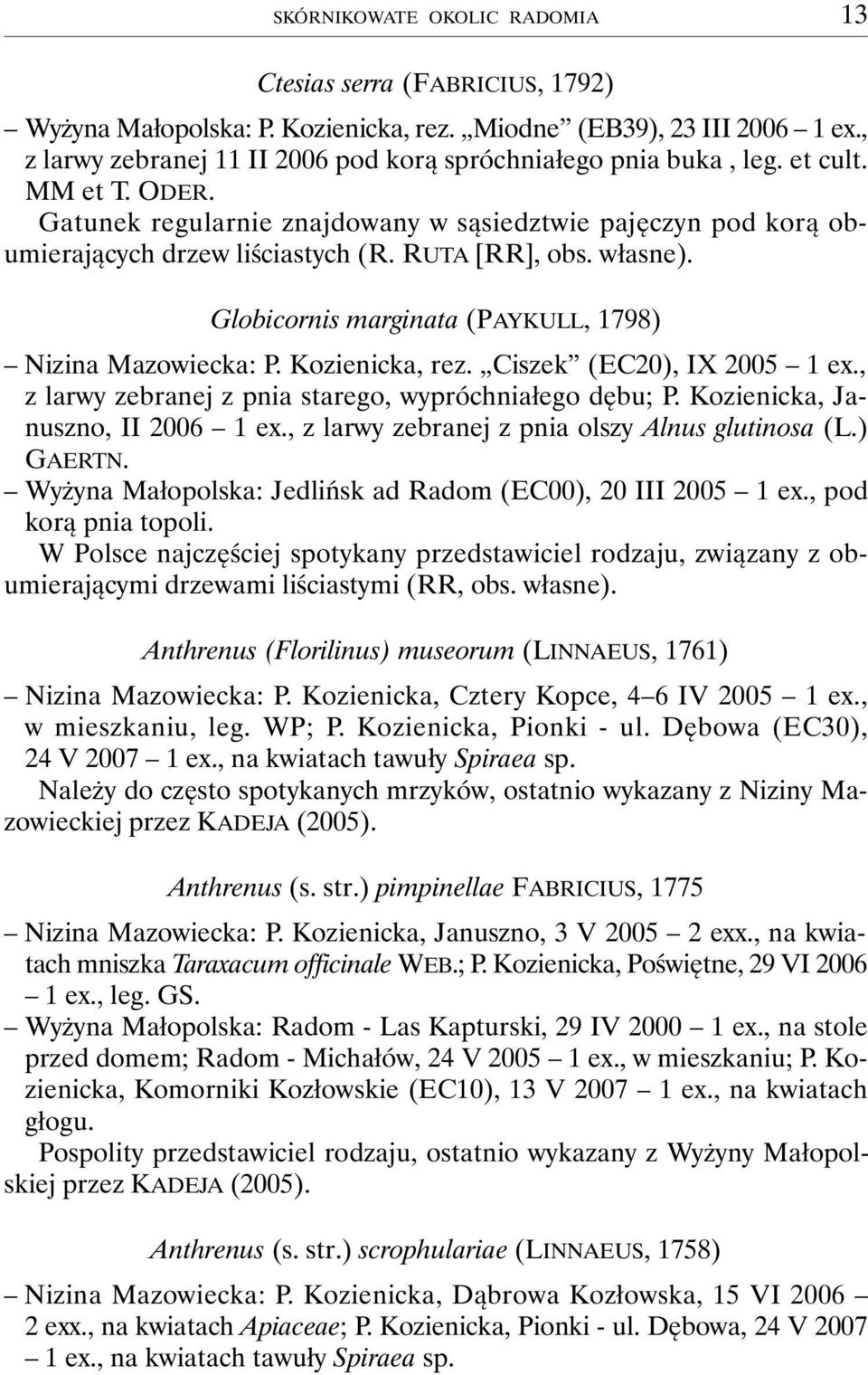 RUTA [RR], obs. własne). Globicornis marginata (PAYKULL, 1798) Nizina Mazowiecka: P. Kozienicka, rez. Ciszek (EC20), IX 2005 1 ex., z larwy zebranej z pnia starego, wypróchniałego dębu; P.