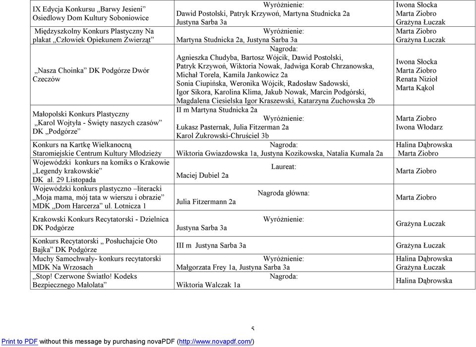 29 Listopada Wojewódzki konkurs plastyczno literacki Moja mama, mój tata w wierszu i obrazie MDK Dom Harcerza ul.