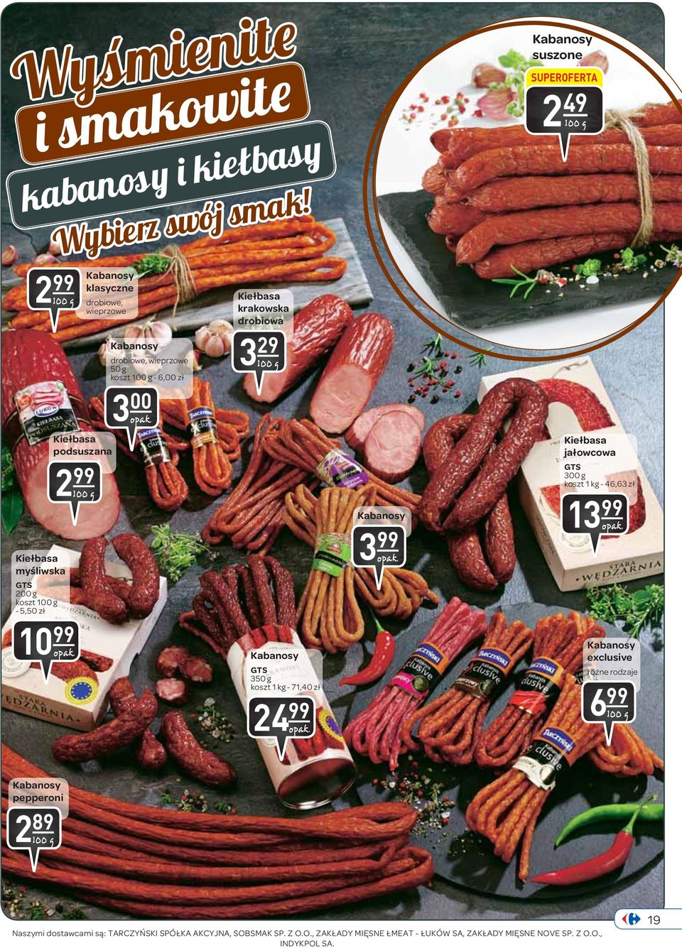 Kiełbasa podsuszana 2 100 g Kiełbasa krakowska drobiowa 3 29 100 g Kabanosy GTS 350 g koszt 1-71,40 zł 24 opak. Kabanosy 3 opak.