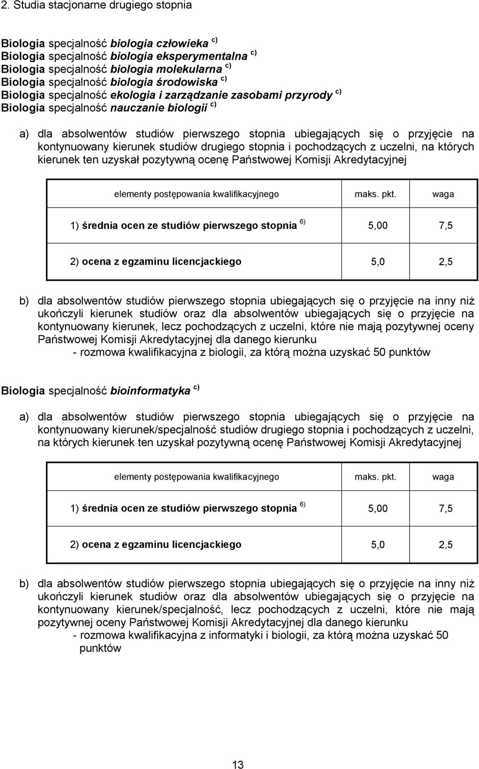 biologii, za którą można uzyskać 50 punktów Biologia specjalność bioinformatyka c) kontynuowany kierunek/specjalność studiów drugiego stopnia i pochodzących z uczelni, na których