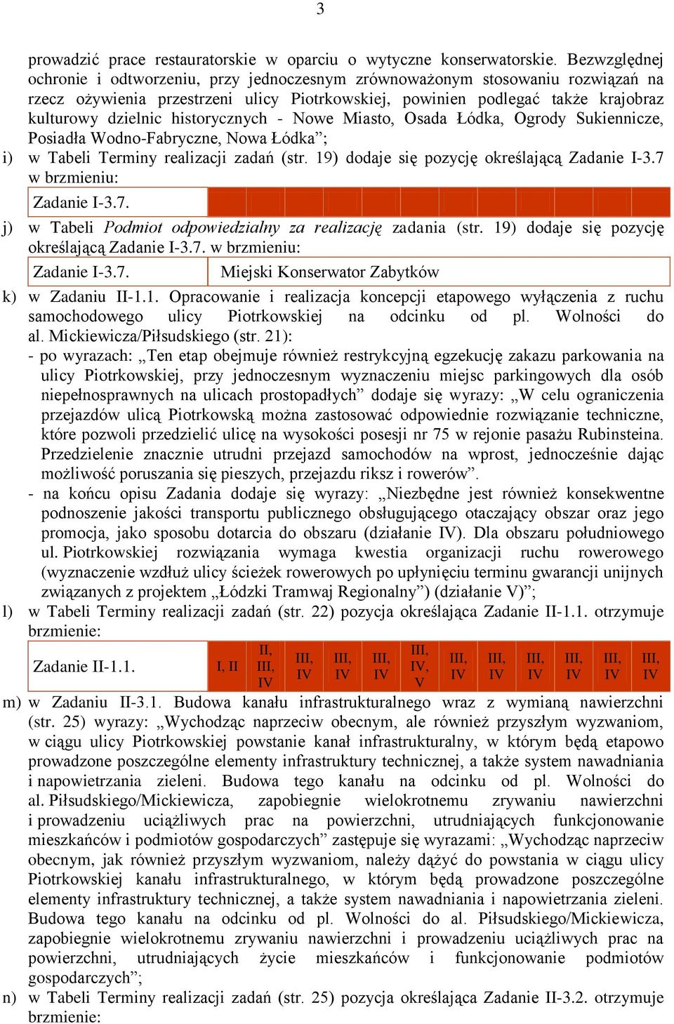 historycznych - Nowe Miasto, Osada Łódka, Ogrody Sukiennicze, Posiadła Wodno-Fabryczne, Nowa Łódka ; i) w Tabeli Terminy realizacji zadań (str. 19) dodaje się pozycję określającą Zadanie I-3.