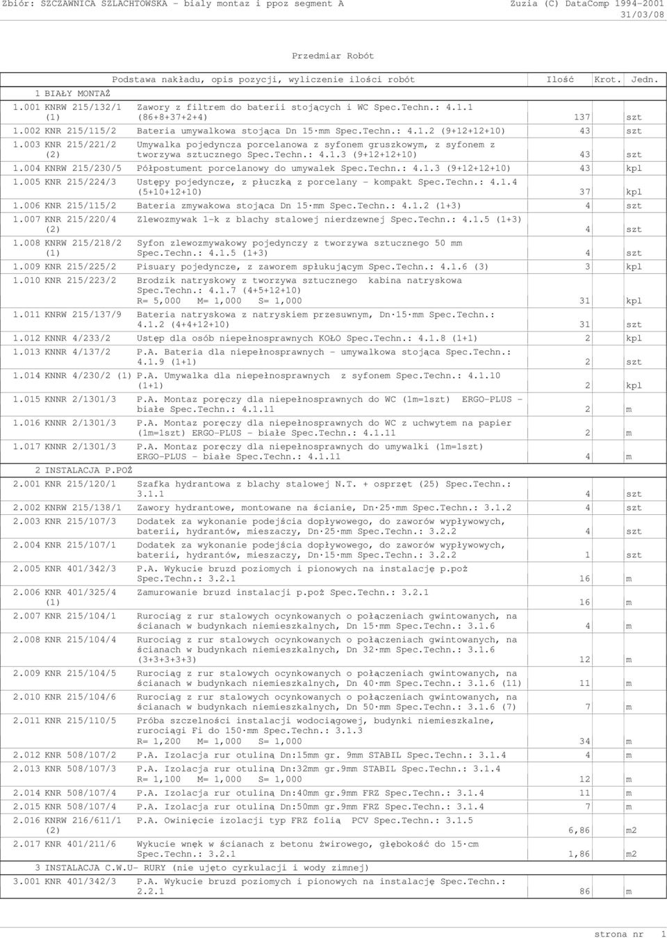 003 KNR 215/221/2 Umywalka pojedyncza porcelanowa z syfonem gruszkowym, z syfonem z tworzywa sztucznego Spec.Techn.: 4.1.3 (9+12+12+10) 43 szt 1.