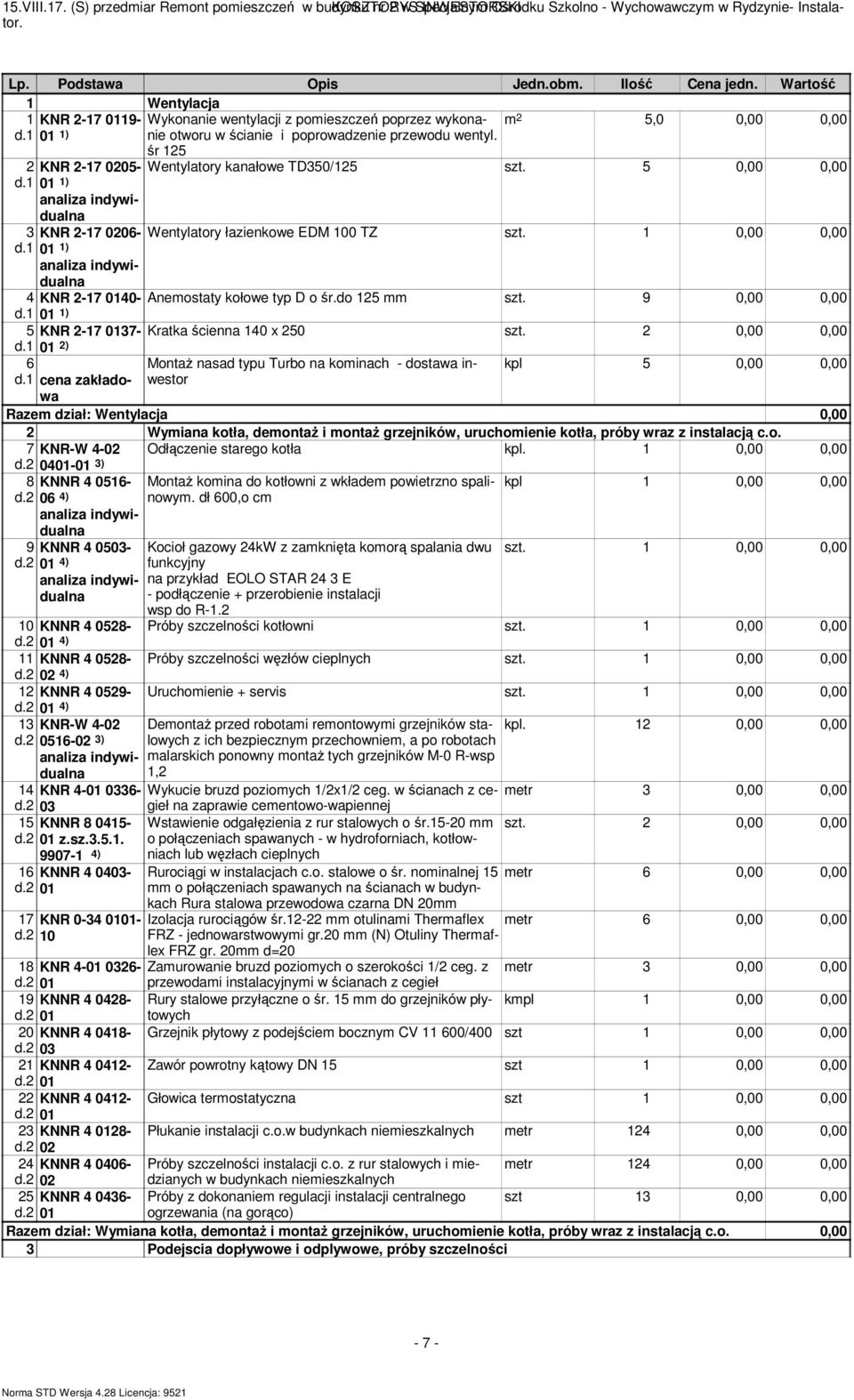 1 01 1) otworu w ścianie i poprowadzenie przewodu wentyl. śr 125 2 KNR 2-17 0205- Wentylatory kanałowe TD350/125 5 0,00 0,00 d.1 01 1) 3 KNR 2-17 0206- Wentylatory łazienkowe EDM 100 TZ 1 0,00 0,00 d.