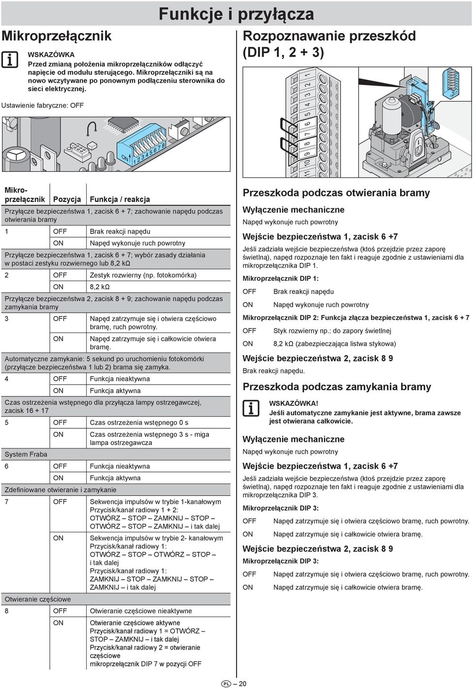 Ustawienie fabryczne: OFF Funkcje i przyłącza T T Rozpoznawanie przeszkód (DIP, + ) 0 9 8 7 6 5 4 Mikroprzełącznik Pozycja Funkcja / reakcja Przyłącze bezpieczeństwa, zacisk 6 + 7; zachowanie napędu