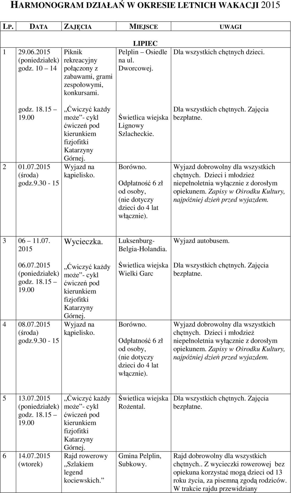 Dla wszystkich chętnych dzieci. 3 06 11.07. 2015 Luksenburg- Belgia-Holandia. Wyjazd autobusem. 06.07.2015 4 08.07.2015 Wielki Garc 5 13.07.2015 6 14.07.2015 Rajd rowerowy Szlakiem legend kociewskich.