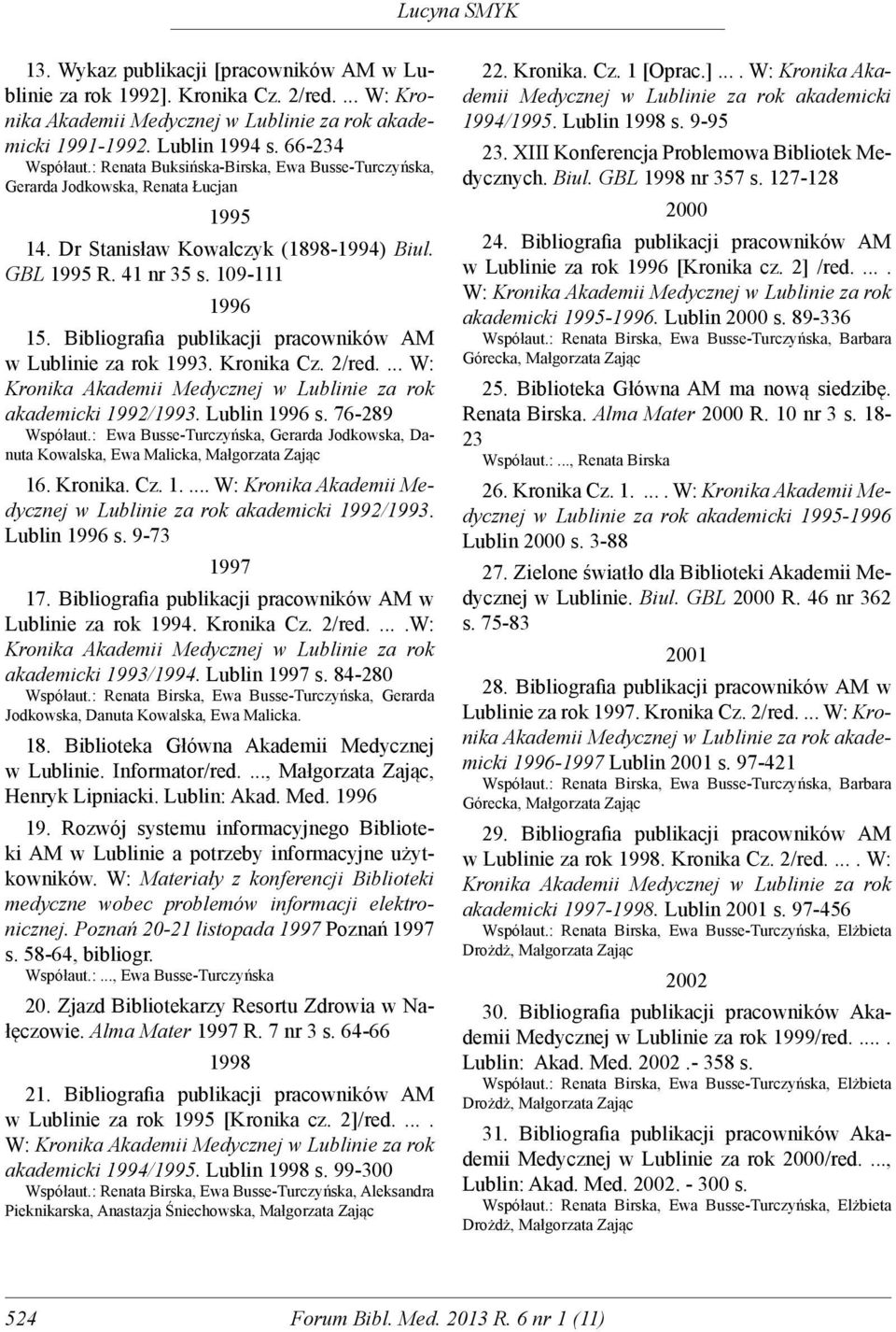 Bibliografia publikacji pracowników AM w Lublinie za rok 1993. Kronika Cz. 2/red.... W: akademicki 1992/1993. Lublin 1996 s. 76-289 Współaut.