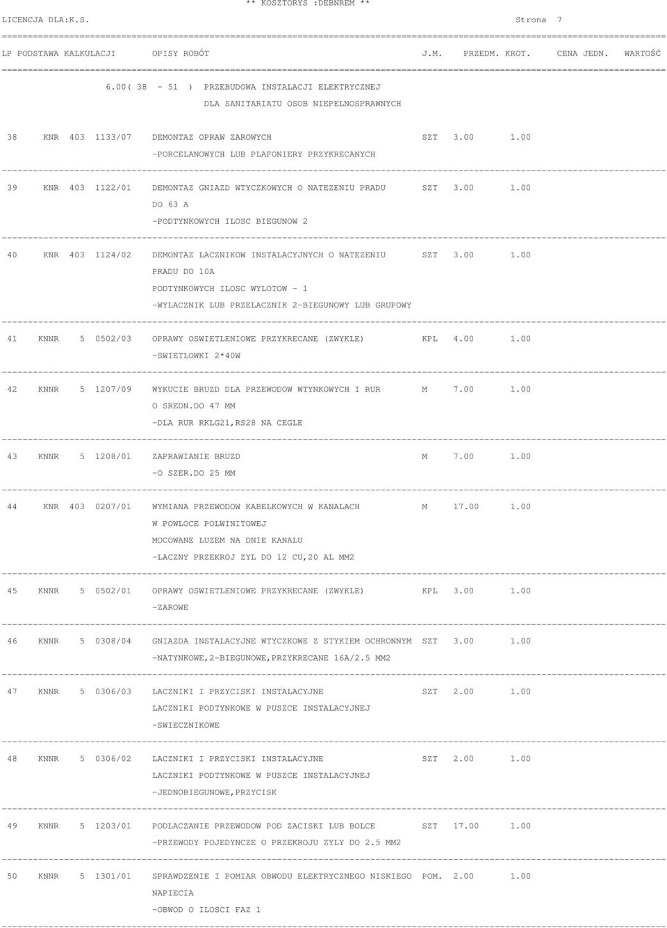 00 DO 63 A -PODTYNKOWYCH ILOSC BIEGUNOW 2 40 KNR 403 1124/02 DEMONTAZ LACZNIKOW INSTALACYJNYCH O NATEZENIU SZT 3.00 1.