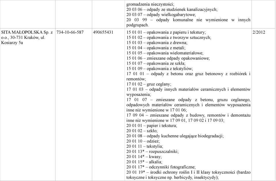 734-10-66-587 490655431 15 01 01 opakowania z papieru i tekstury; 15 01 02 opakowania z tworzyw sztucznych; 15 01 03 opakowania z drewna; 15 01 04 opakowania z metali; 15 01 05 opakowania