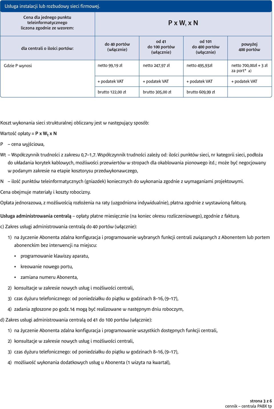 wynosi netto 99,19 z netto 247,97 z netto 495,93z netto 700,00z + 3 z za port* a) brutto 122,00 z brutto 305,00 z brutto 609,99 z Koszt wykonania sieci strukturalnej obliczany jest w nast pujàcy