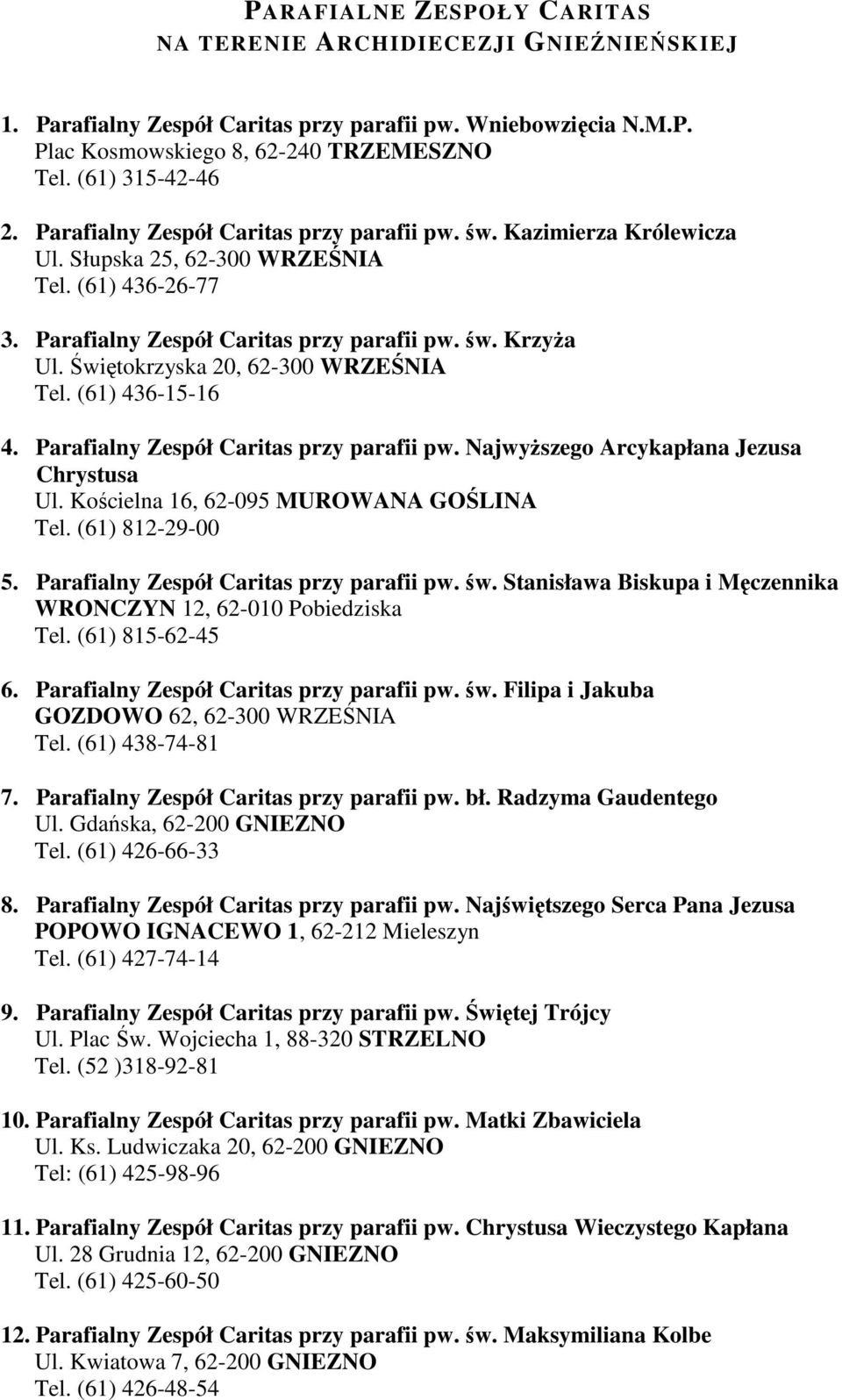 Świętokrzyska 20, 62-300 WRZEŚNIA Tel. (61) 436-15-16 4. Parafialny Zespół Caritas przy parafii pw. NajwyŜszego Arcykapłana Jezusa Chrystusa Ul. Kościelna 16, 62-095 MUROWANA GOŚLINA Tel.