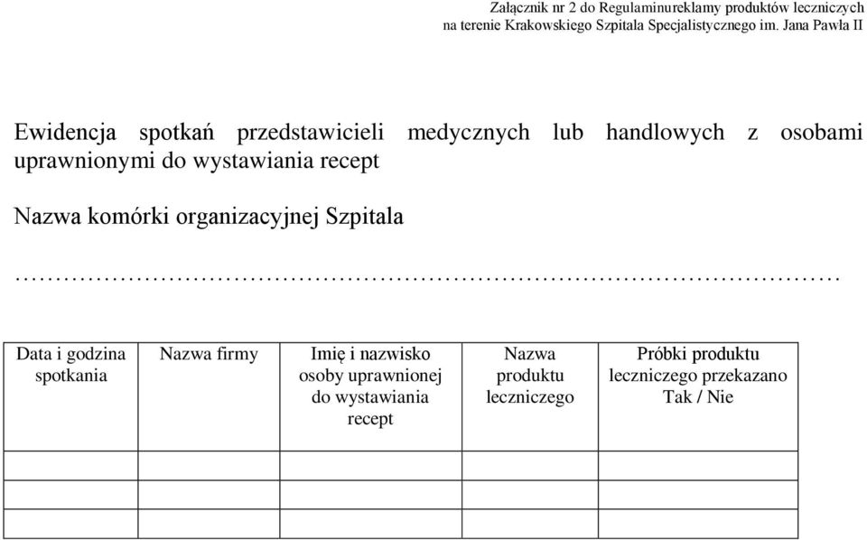 organizacyjnej Szpitala Data i godzina spotkania Nazwa firmy Imię i nazwisko osoby