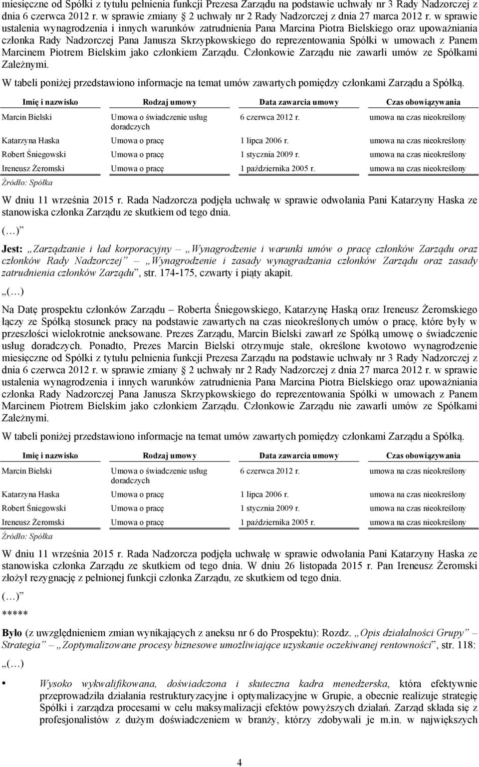 w sprawie ustalenia wynagrodzenia i innych warunków zatrudnienia Pana Marcina Piotra Bielskiego oraz upoważniania członka Rady Nadzorczej Pana Janusza Skrzypkowskiego do reprezentowania Spółki w