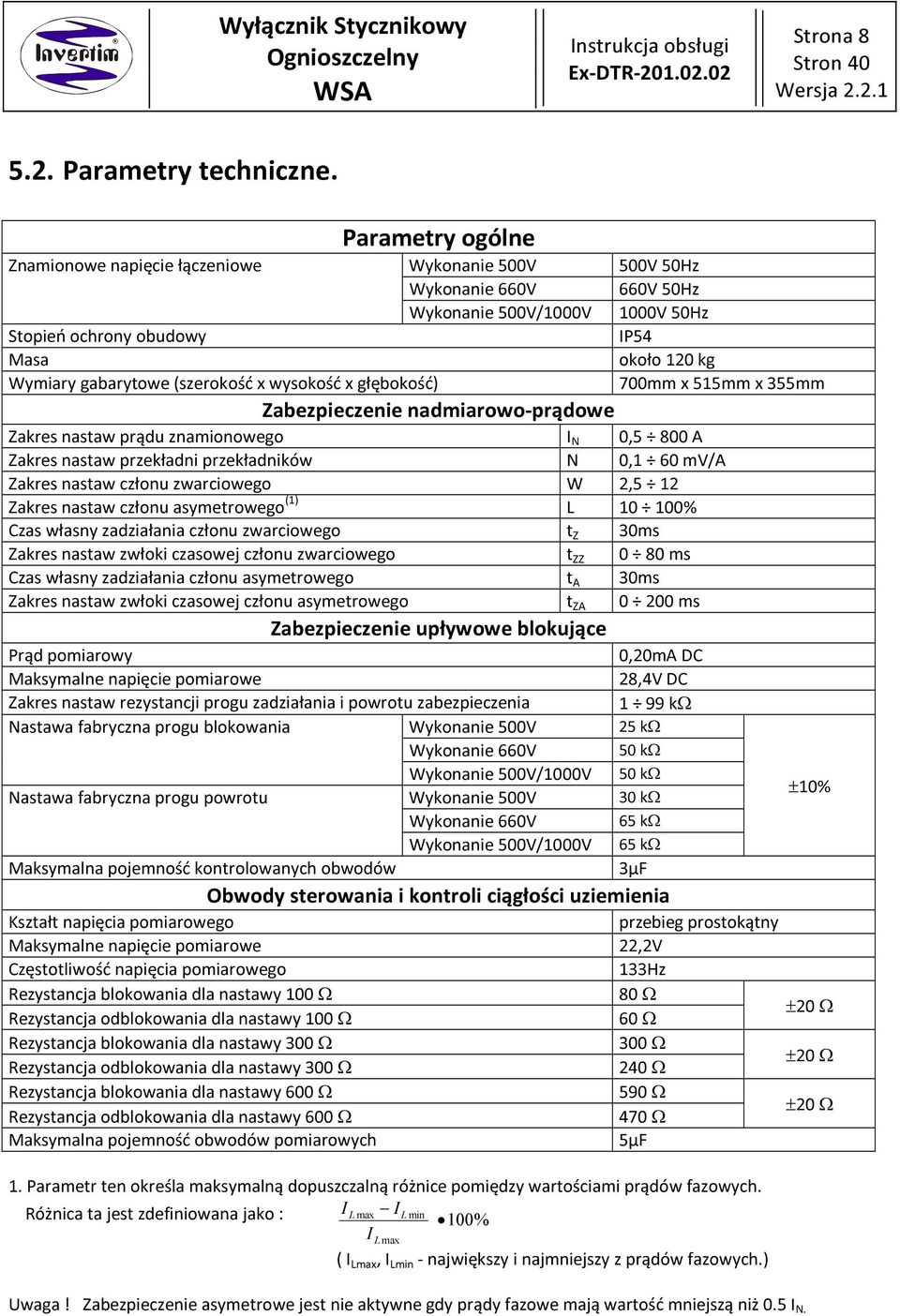 wysokość x głębokość) 700mm x mm x mm Zabezpieczenie nadmiarowo-prądowe Zakres nastaw prądu znamionowego I N 0, 800 A Zakres nastaw przekładni przekładników N 0, 0 mv/a Zakres nastaw członu