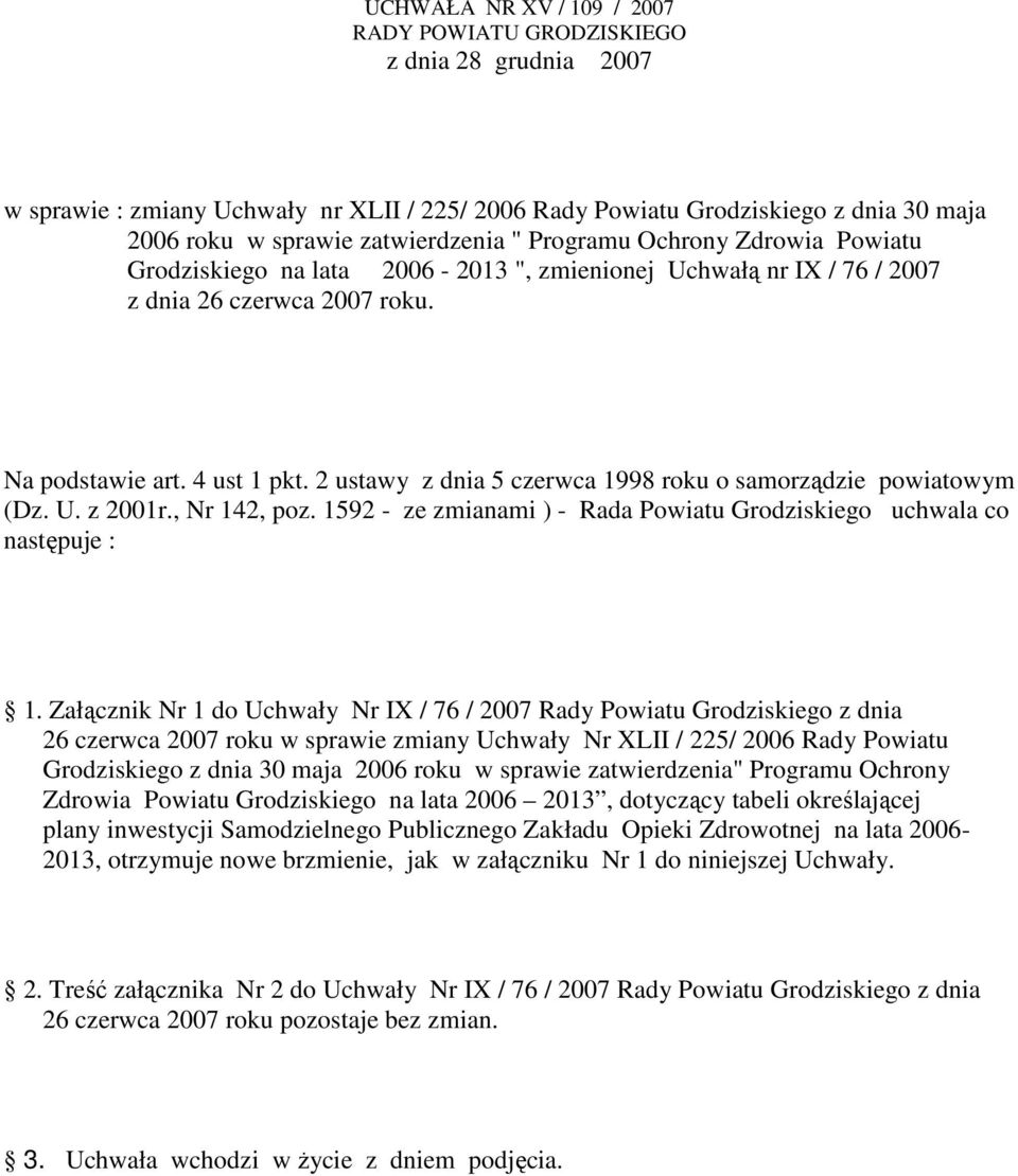 2 ustawy z dnia 5 czerwca 1998 roku o samorządzie powiatowym (Dz. U. z 2001r., Nr 142, poz. 1592 - ze zmianami ) - Rada Powiatu Grodziskiego uchwala co następuje : 1.