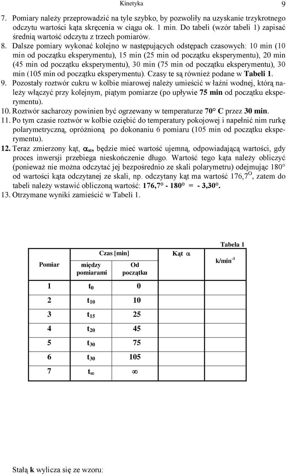 Dalsze pomiary wyonać olejno w nasępujących odsępach czasowych: 0 min (0 min od począu esperymenu), 5 min (25 min od począu esperymenu), 20 min (45 min od począu esperymenu), 30 min (75 min od począu