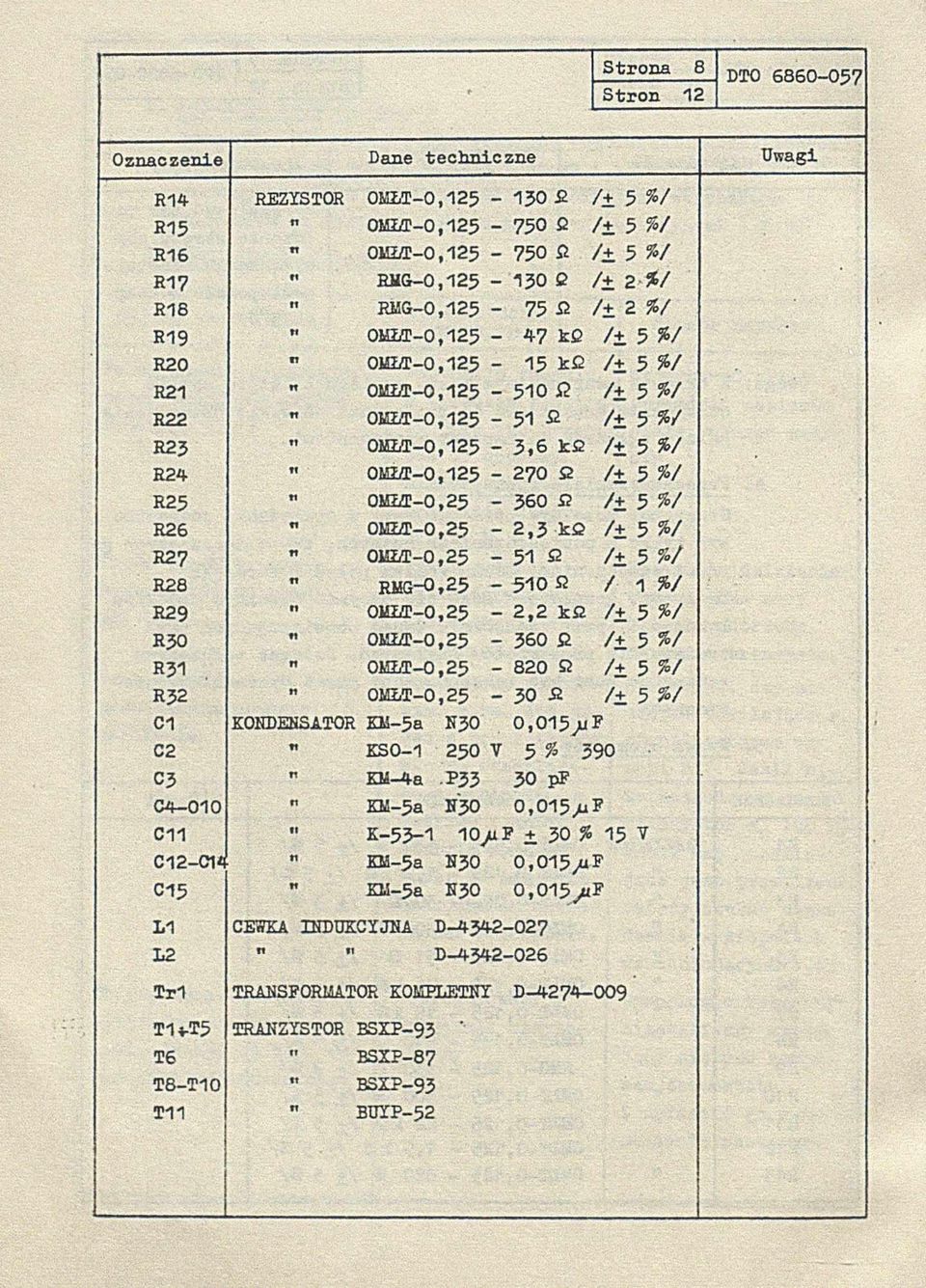 OMŁT-O, 125-270 <2 /± 5 %/ R25 *1 OMŁT-O,25-360 SI /+ 5 %/ R26 ft OMŁT-O,25-2,3 kc /+ 5 %/ R27 tt OMŁT-O,25-51 fi /+ 5 %/ R28 ft RMG-0,25-510«/ 1 %/ R29 tt OMŁT-O,25-2,2 kc /+ 5 %/ R30 tt