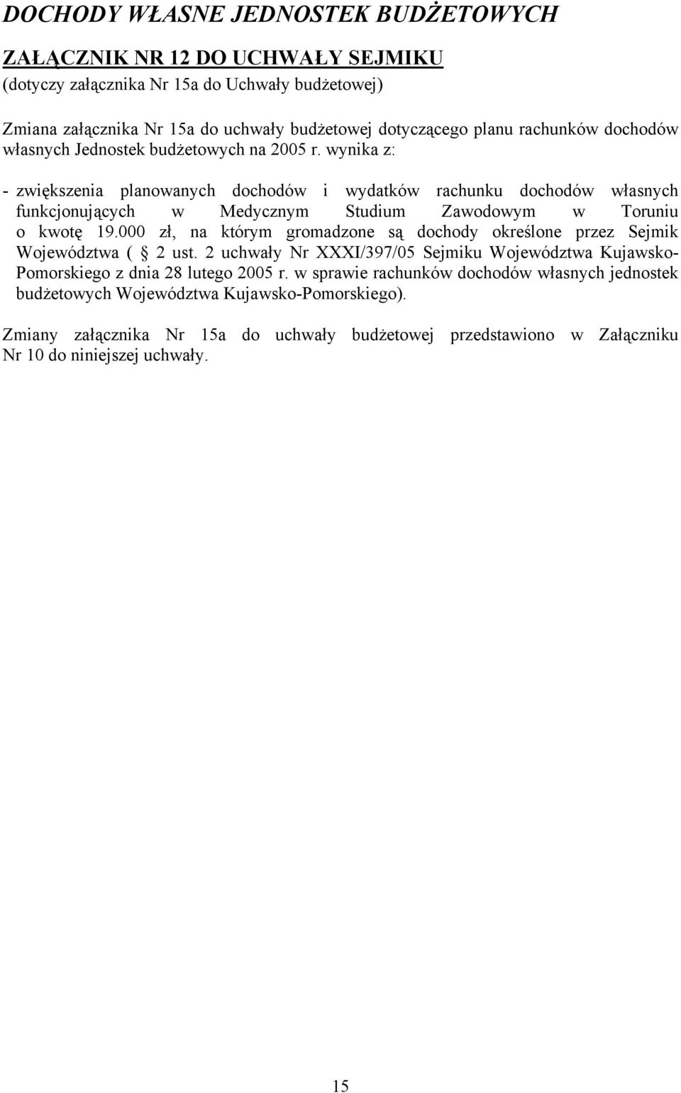 wynika z: - zwiększenia planowanych dochodów i wydatków rachunku dochodów własnych funkcjonujących w Medycznym Studium Zawodowym w Toruniu o kwotę 19.