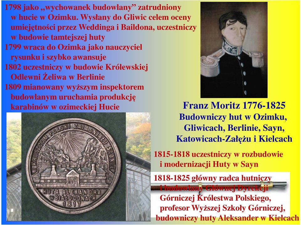 uczestniczy w budowie Królewskiej Odlewni Żeliwa w Berlinie 1809 mianowany wyższym inspektorem budowlanym uruchamia produkcję karabinów w ozimeckiej Hucie Franz Moritz 1776-1825