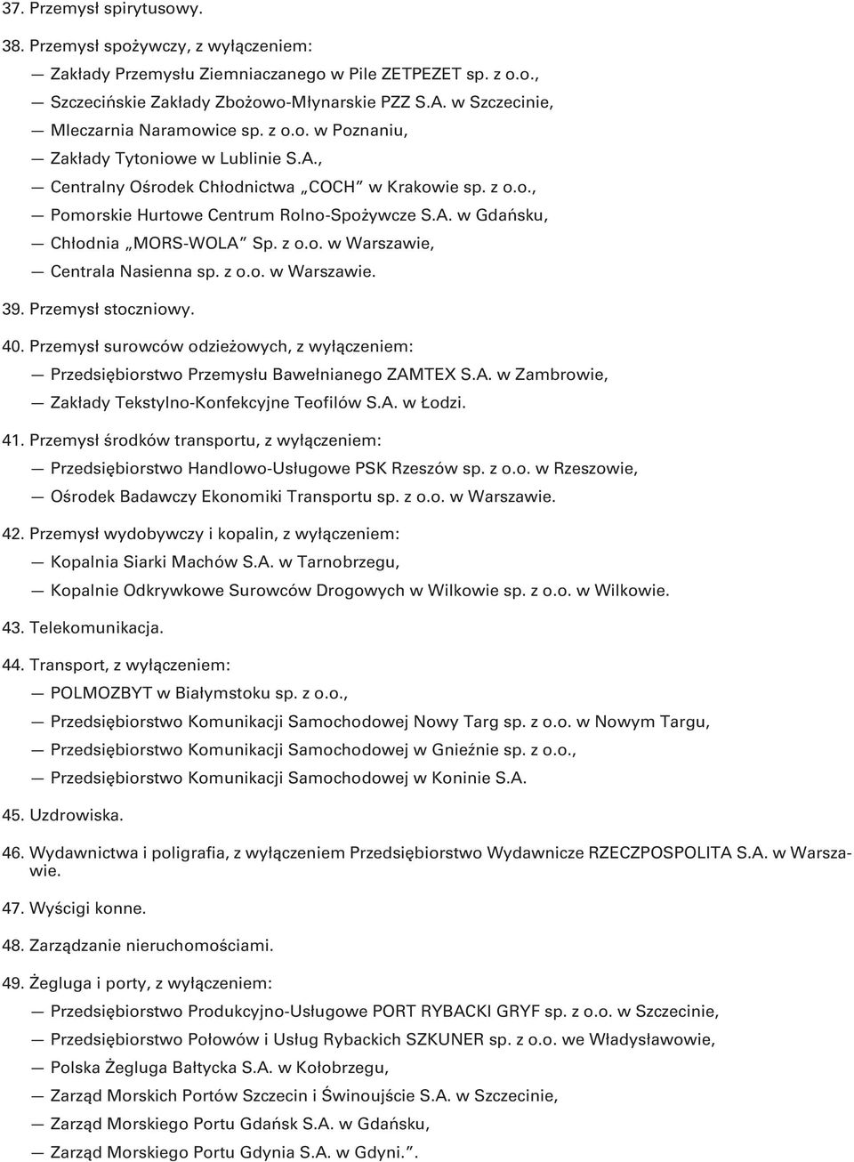 z o.o. w Warszawie, Centrala Nasienna sp. z o.o. w Warszawie. 39. Przemysł stoczniowy. 40. Przemysł surowców odzieżowych, z wyłączeniem: Przedsiębiorstwo Przemysłu Bawełnianego ZAM