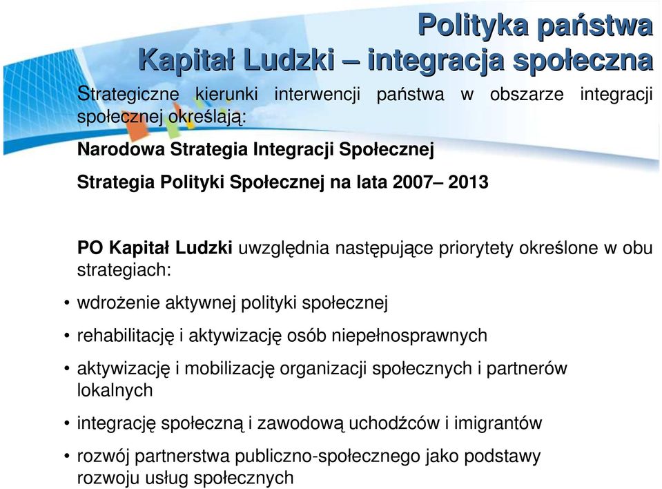 strategiach: wdroŝenie aktywnej polityki społecznej rehabilitację i aktywizację osób niepełnosprawnych aktywizację i mobilizację organizacji