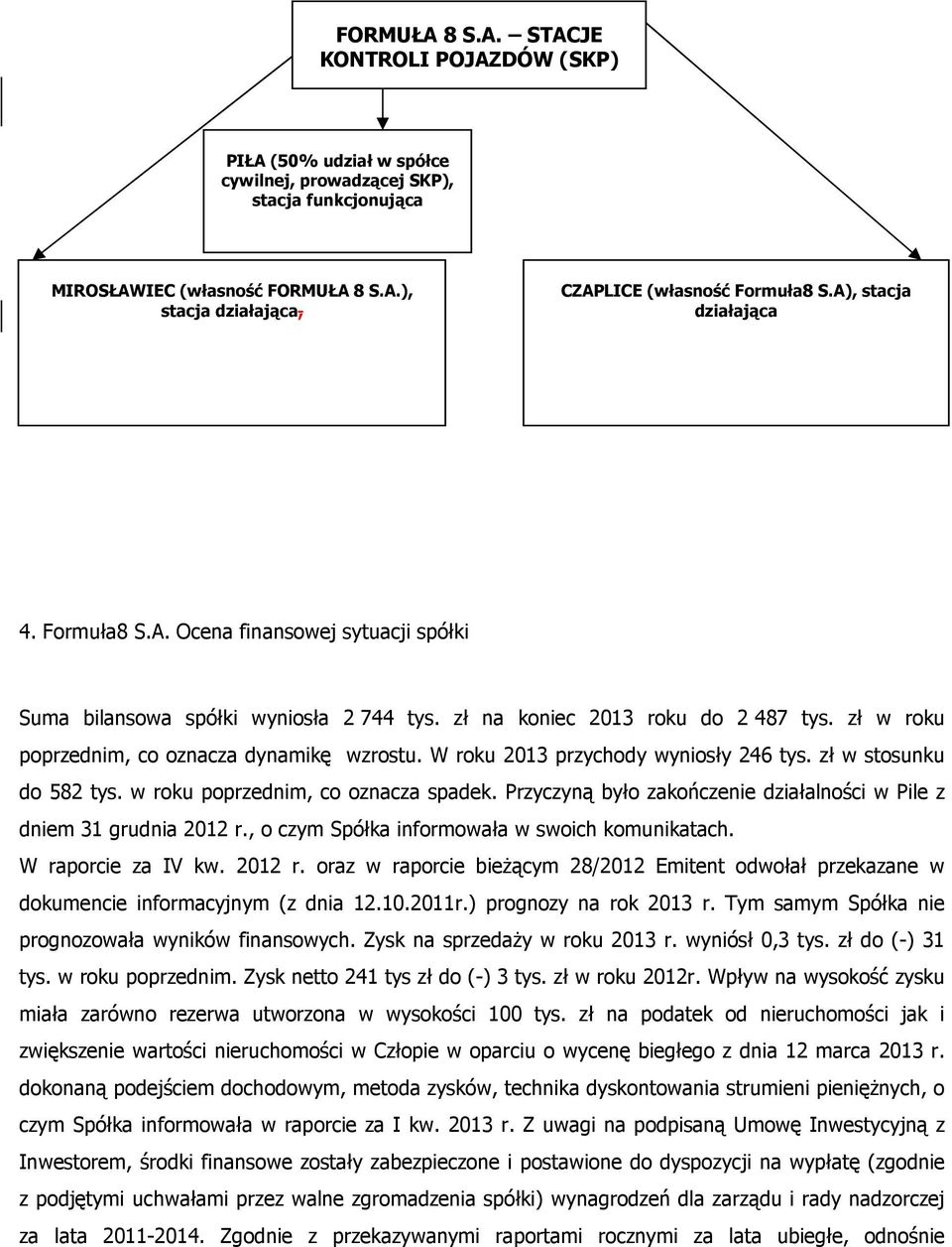 zł w roku poprzednim, co oznacza dynamikę wzrostu. W roku 2013 przychody wyniosły 246 tys. zł w stosunku do 582 tys. w roku poprzednim, co oznacza spadek.