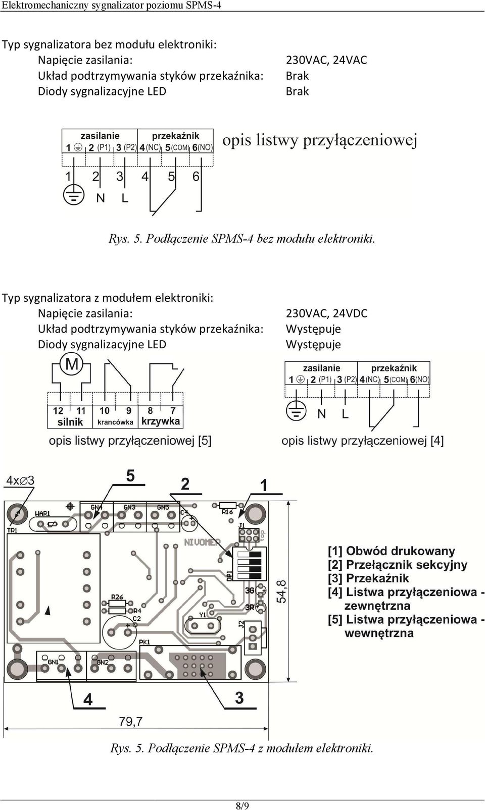 Typ sygnalizatora z modułem elektroniki: Napięcie zasilania: Układ podtrzymywania styków przekaźnika: