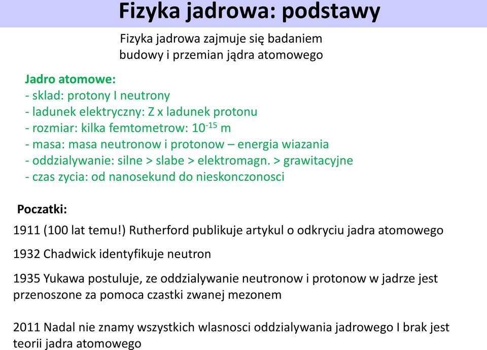 > grawitacyjne - czas zycia: od nanosekund do nieskonczonosci Poczatki: 1911 (100 lat temu!