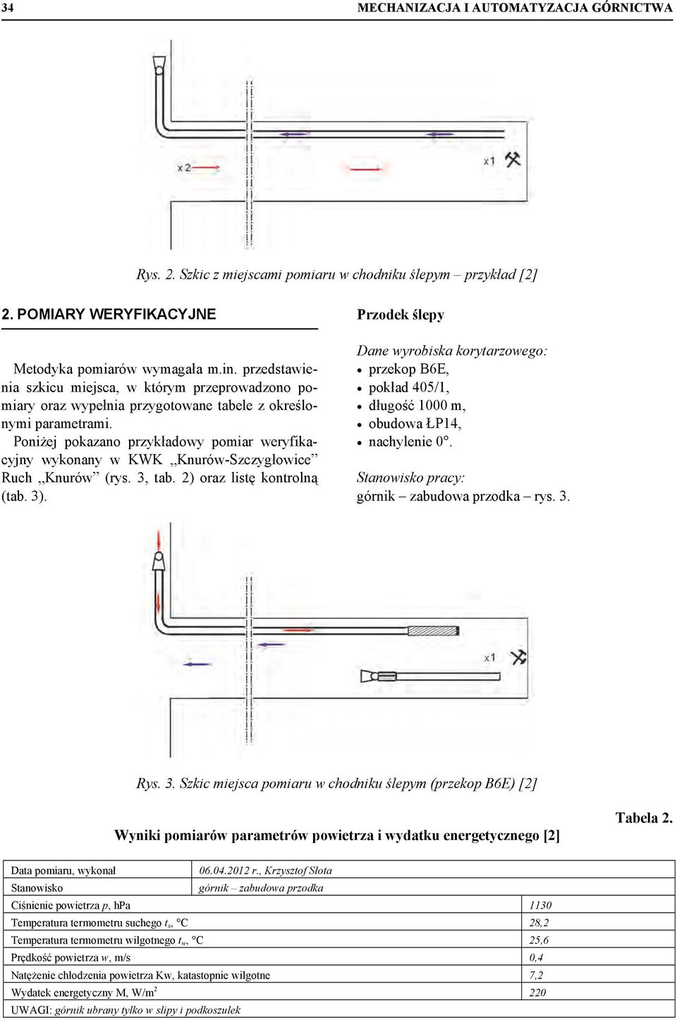 Poniżej pokazano przykładowy pomiar weryfikacyjny wykonany w KWK Knurów-Szczygłowice Ruch Knurów (rys. 3, tab. 2) oraz listę kontrolną (tab. 3).