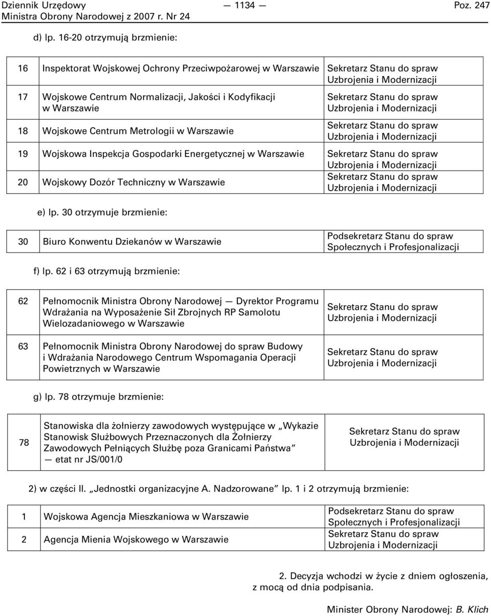 Centrum Metrologii w Warszawie Sekretarz Stanu do spraw Uzbrojenia i Modernizacji Sekretarz Stanu do spraw Uzbrojenia i Modernizacji 19 Wojskowa Inspekcja Gospodarki Energetycznej w Warszawie