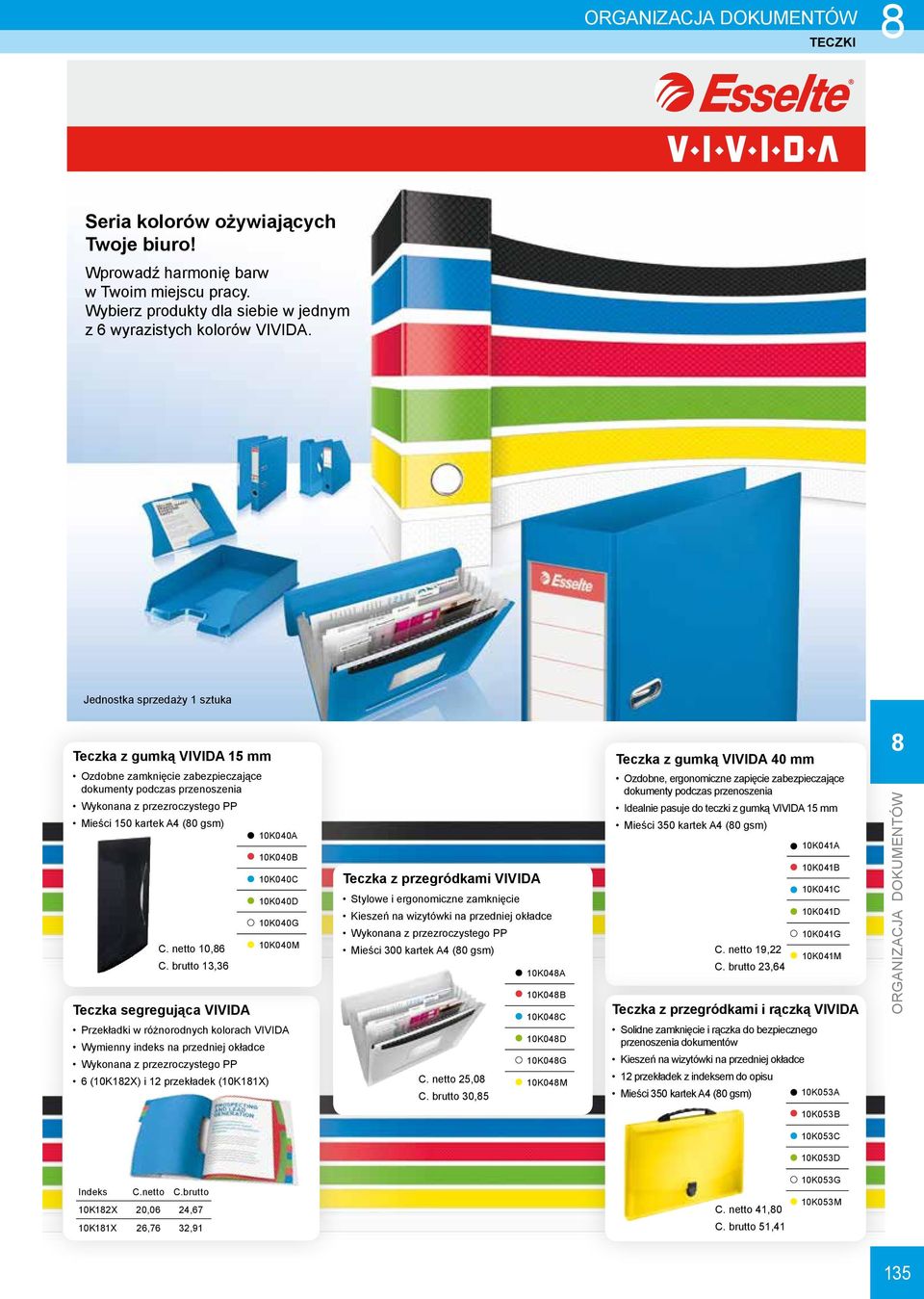 brutto 13,36 10K040A 10K040B 10K040C 10K040D 10K040G 10K040M Teczka segregująca VIVIDA Przekładki w różnorodnych kolorach VIVIDA Wymienny indeks na przedniej okładce Wykonana z przezroczystego PP 6