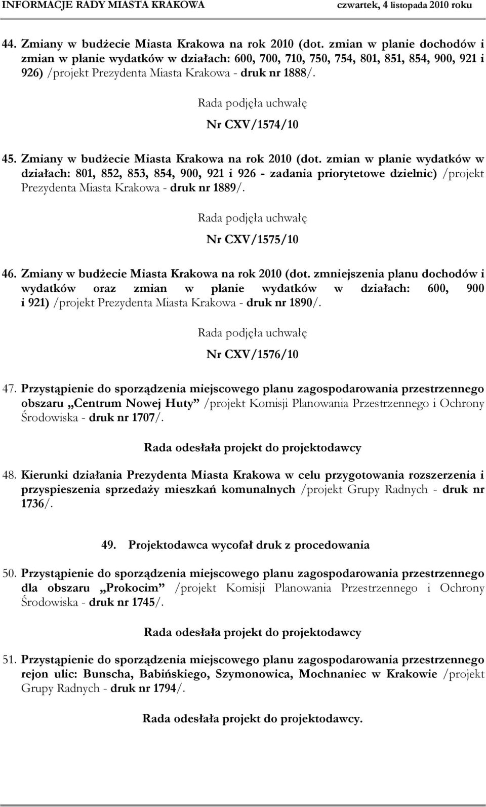 Zmiany w budżecie Miasta Krakowa na rok 2010 (dot.