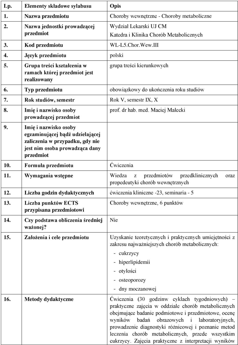 Rok studiów, semestr Rok V, semestr IX, X 8. Imię i nazwisko osoby prowadzącej prof. dr hab. med. Maciej Małecki 9.